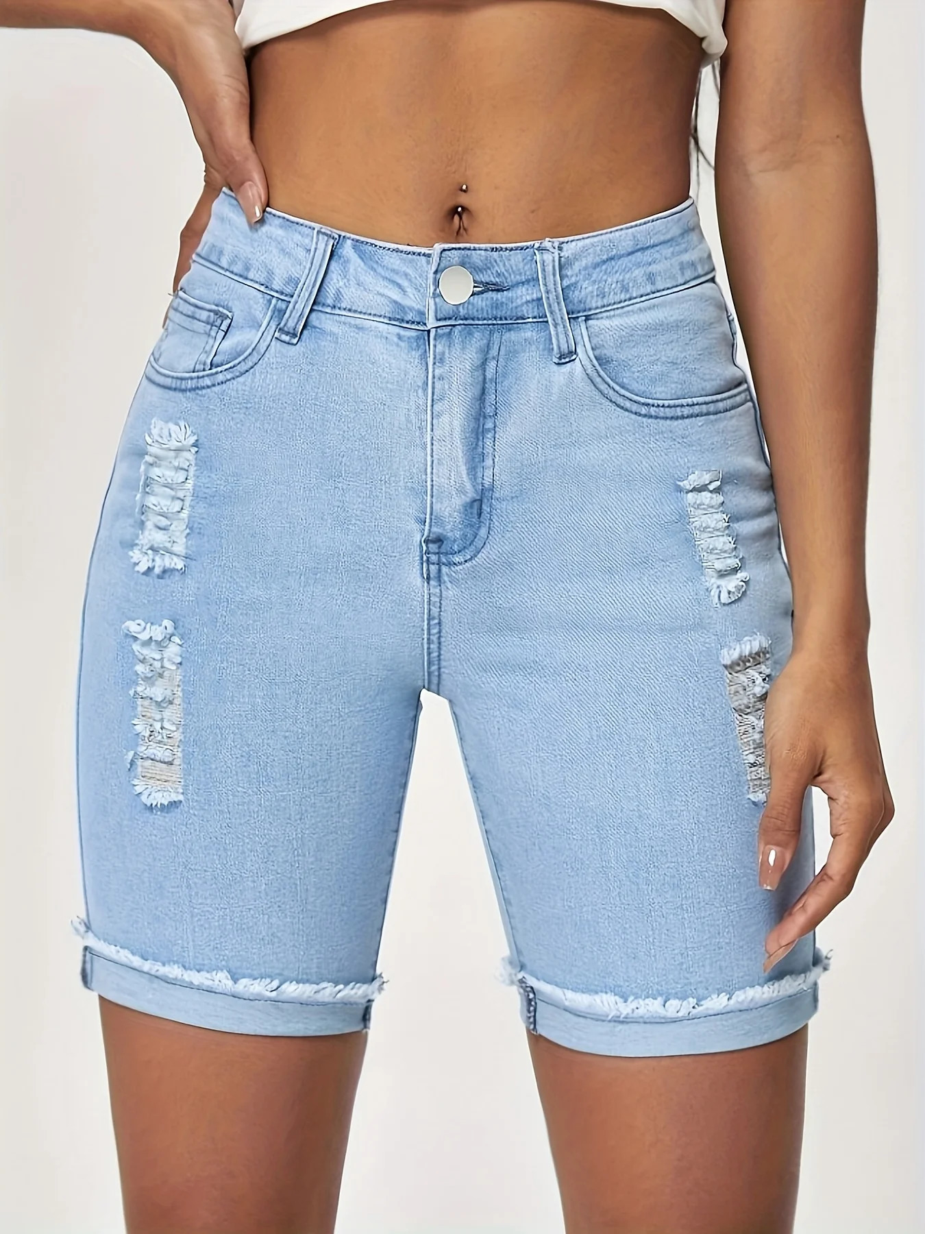1 piece of womens jeans with high waist rolled hem ripped hem street style blue summer outfit breathable denim shorts 250606