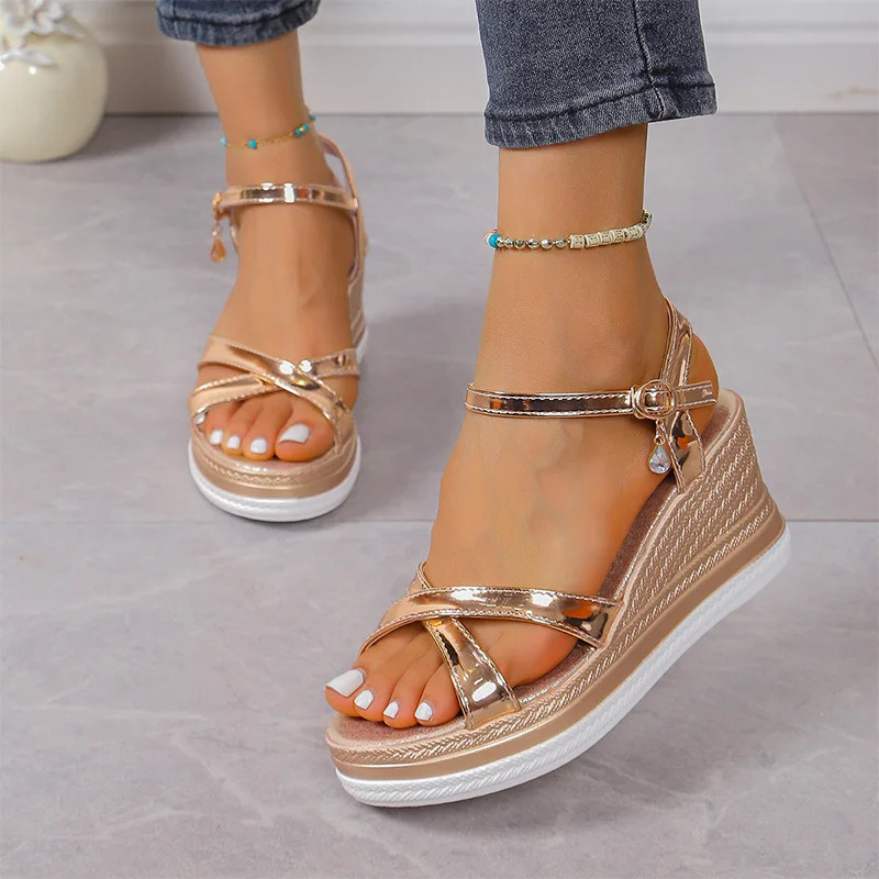 Or argent Pu cuir sandales à talons compensés pour femmes bande croisée cristal cheville boucle chaussures de fête semelle épaisse grosse plate-f