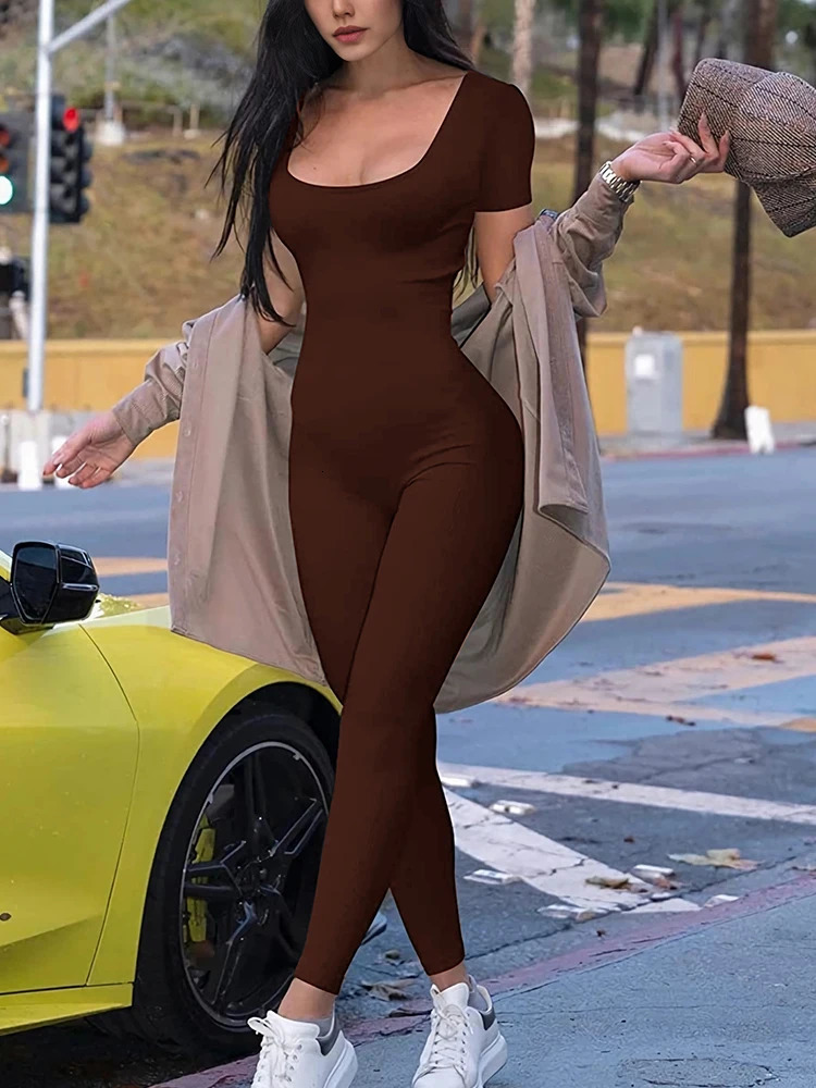 2025 spring and summer womens shortsleeved solid color tight jumpsuit fashion sports fitness leisure street 250603