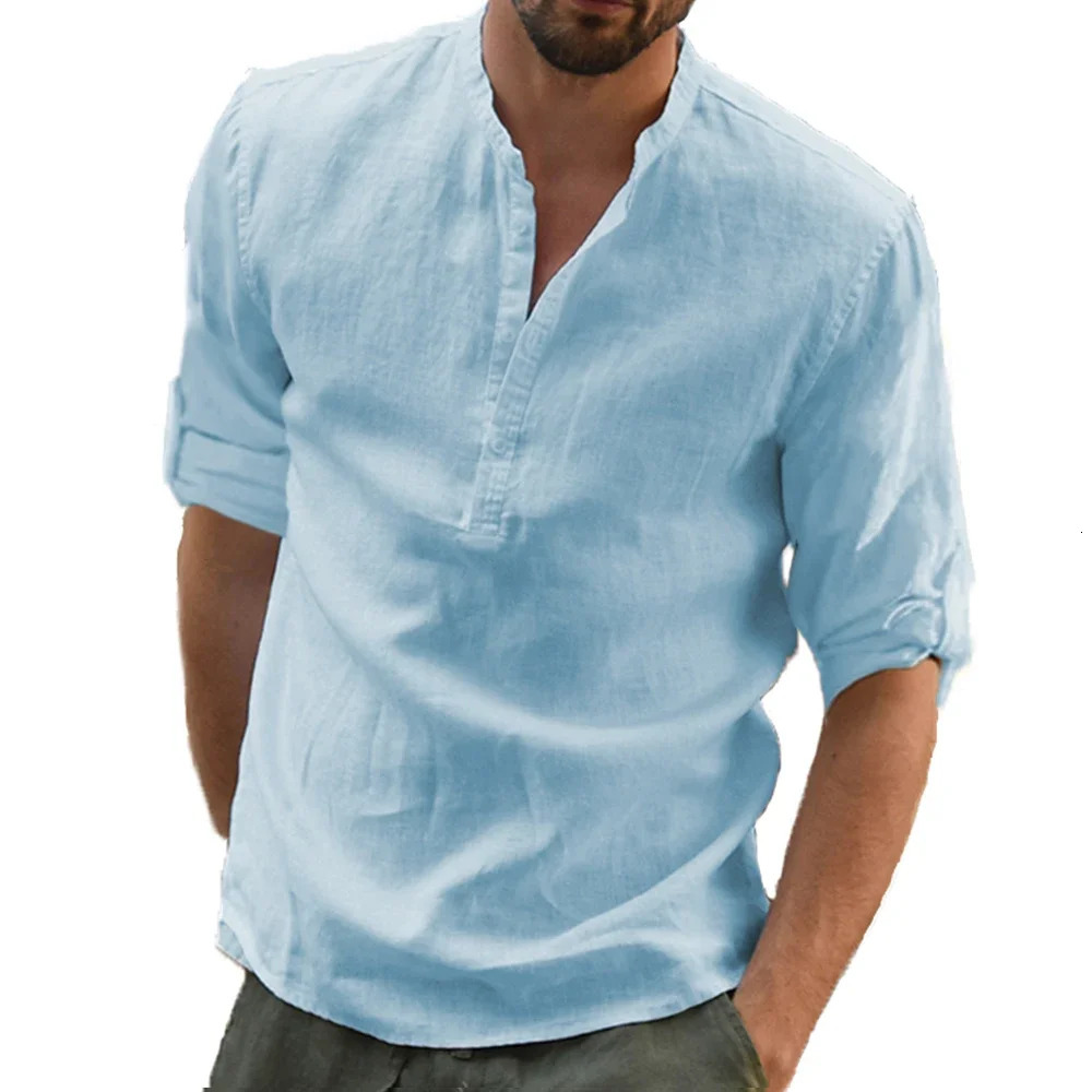 Coton Linn Mens Shirts à manches longues Collier de support de couleur solide Summer Style Casual Beach Plus Taille en lin Tops 250606