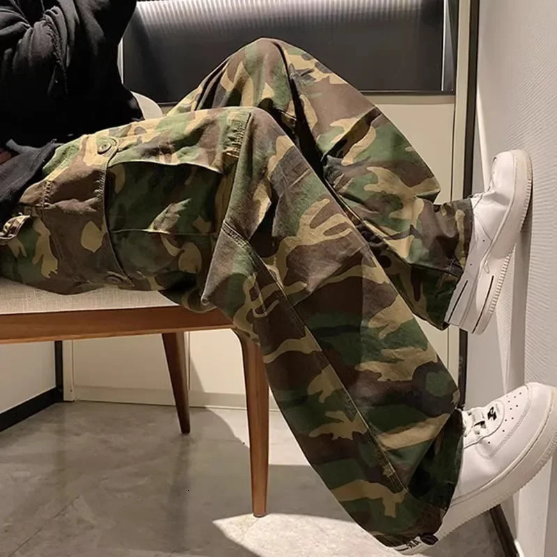 Trendy Vintage Camouflage Cargo Pants Mens Loose-fit Straight-leg High Street Hip Hop Ins Hong Kong Style Wide-leg Trousers 250606
