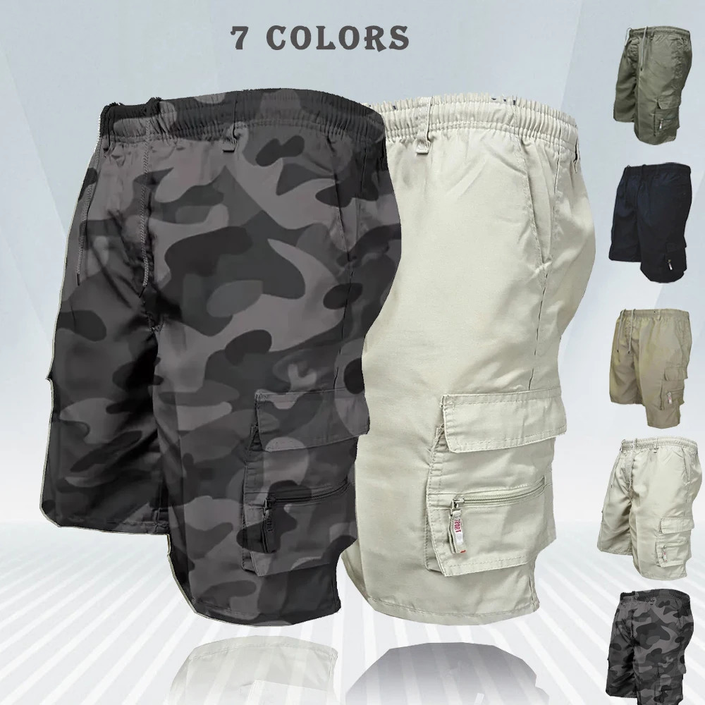 Mens Tactical Shorts Summer Casual Cargo Shorts Knee-length Multi-pockets Elastic Waist Work Hiking Overalls Short Pants Male 250606