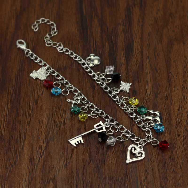 Game Kingdom Heart Charm Bracelet Gems Metal Crystal Beads Crown Key Love Heart Pendant Bracelets for Women Men Jewelry