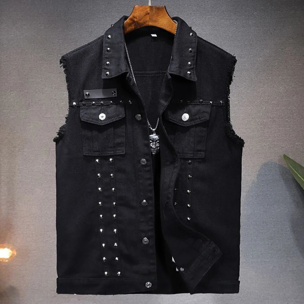 Mens Y2k Rivet Punk Biker Denim Vest Spring Summer Streetwear Fashion Youth Trend Ballroom Tank Top MenS Clothing 250606