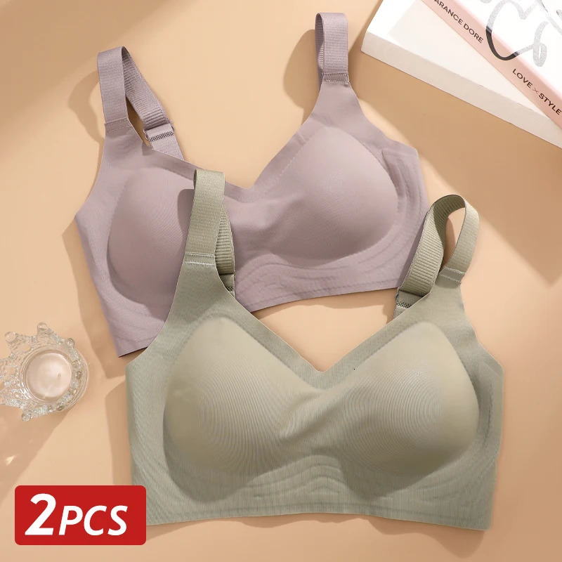 2PCS Seamless Ice Silk Bras Women Plus Size Wireless Soft Skin-friendly Underwear Padded Push Up Sexy Lingerie Solid Sleepwear 250606
