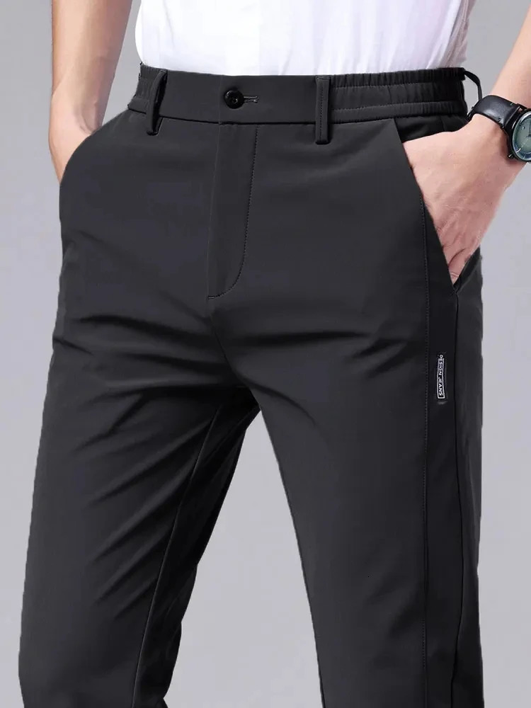 Mens casual pants semi elastic waistband nylon ice silk elastic straight tube light gray business gentleman summer casual 250606