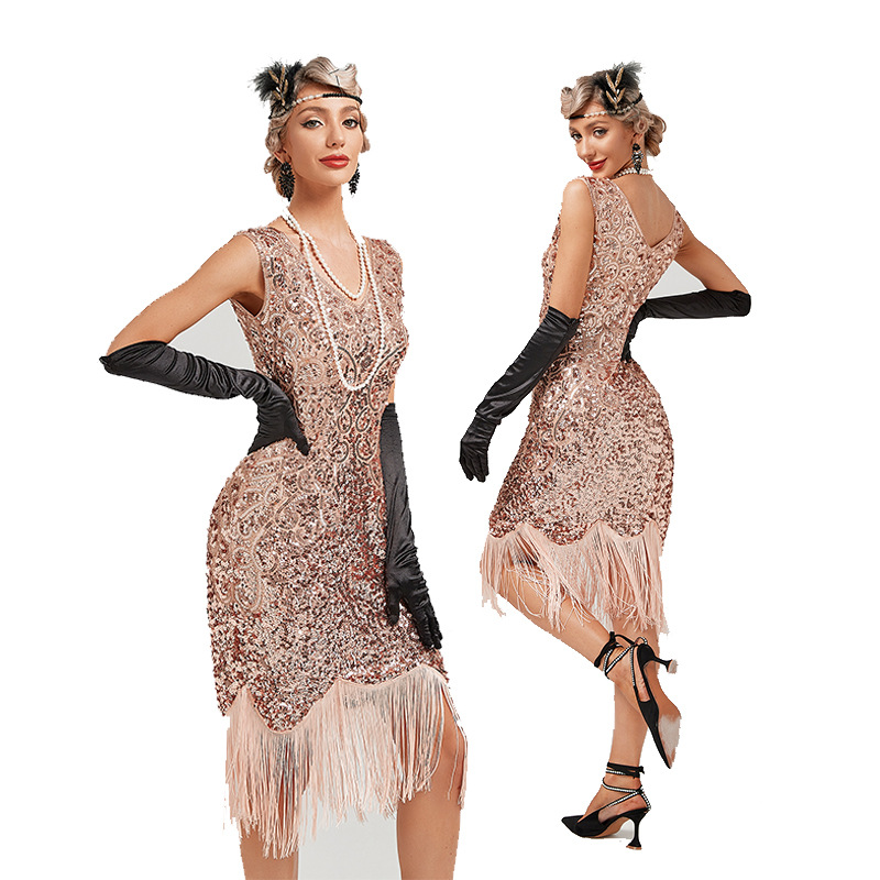 New Fashion Women 1920s Vintage Pink Green Big V-Neck Flapper Fringe Beaded Great Gatsby Party Cocktail Sequins Dress Plus Size