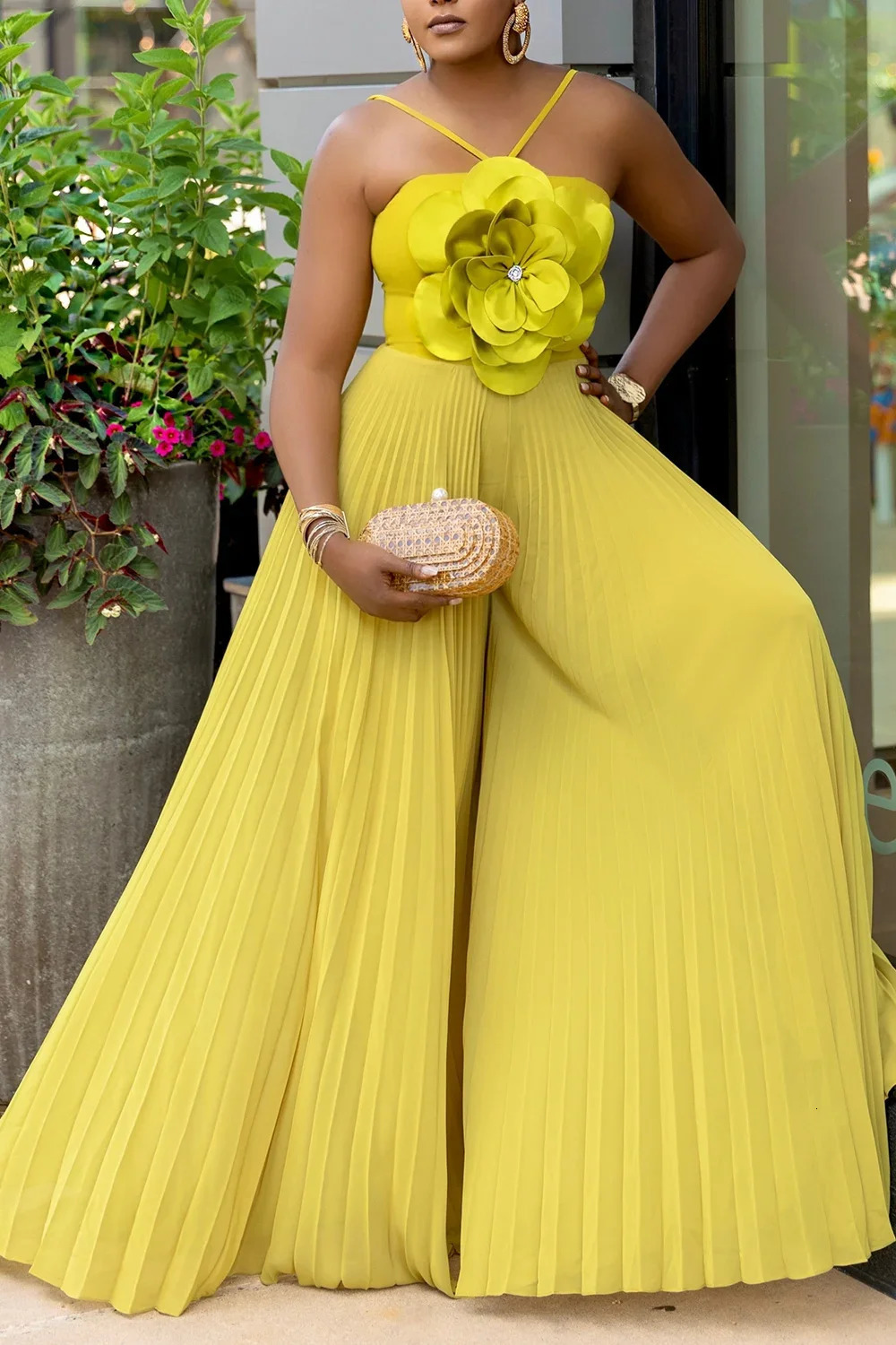 Womens Ruched Wide Leg Jumpsuit Vacation Yellow Halter Collar 3D Pleated Chiffon Pleated Spaghetti Straps Elegant Jumpsuit 2 250606