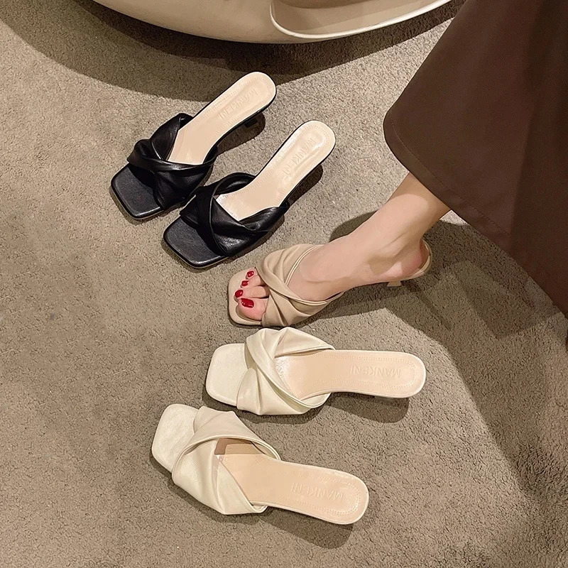 Summer Style Fashionable Simple Comfortable Stiletto Heel Slippers Square Toe Solid Color Open Toe Casual Sandals for Women 250606
