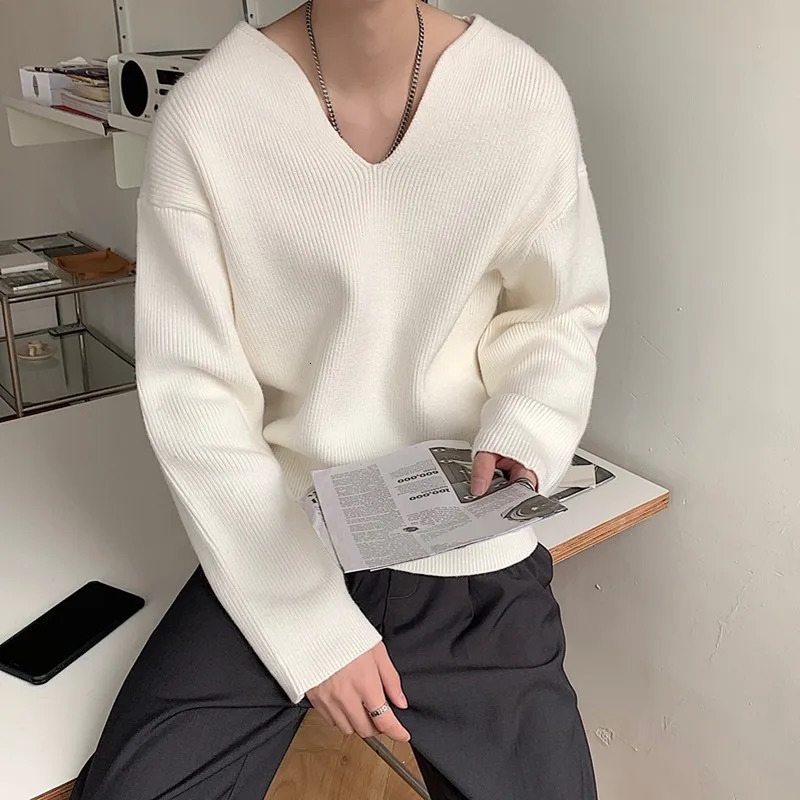 Mens Light Knitted Pullover Sweater Men Casual V Neck Solid Color Long Sleeve Knitwear Streetwear Korean Autumn Clothing 250606
