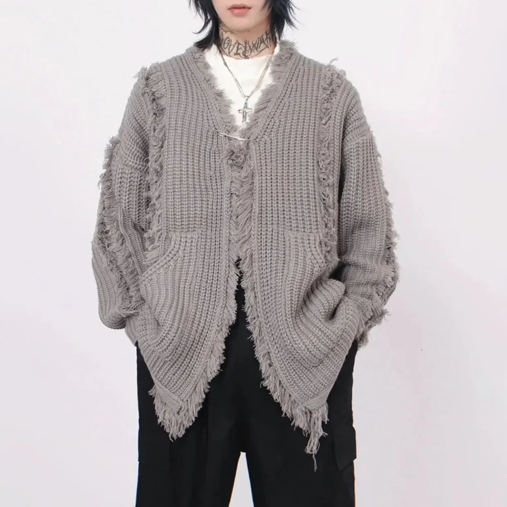 Pull à hommes y2k pavage irrégulier veste en tassel en tassel automne décontracté atmosphère de couleur solide