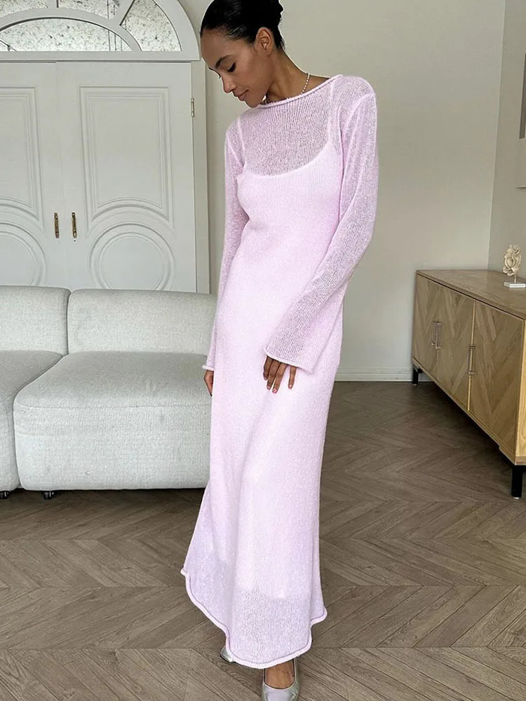 Spring Autumn O-Neck Elastic Knit Long Dresses Women Elegant Chic Soft Lady Hollowing Sweater Dresses Femme 250606