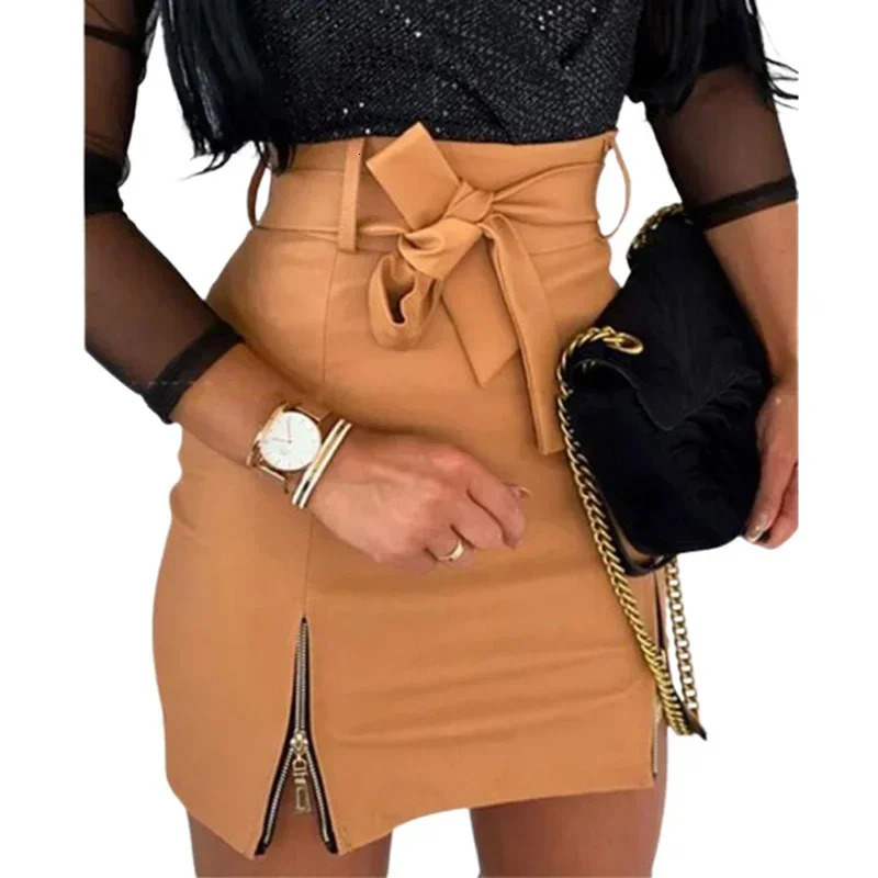 PU Le cuir en cuir enveloppe sexy jupe hipe femme de nuit fête occasionnelle usure femelle haute taille à lacets à lacets ourlet à demi-corps str