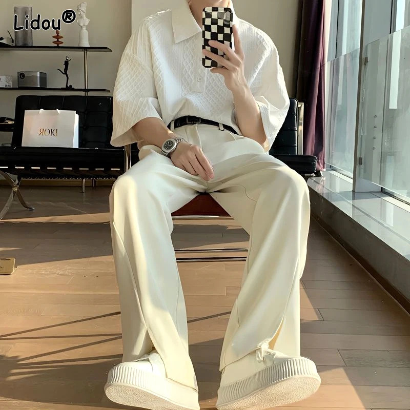 Zipper Korean Fashion Wide Leg Pants Casual Spring Summer Thin Handsome Loose Solid Color Pockets Button Mens Clothing 250606