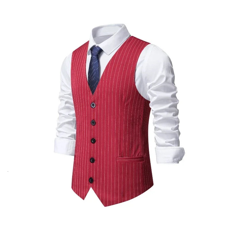 Explosive European Code Striped Mens Suit Vest Fashion Business Formal Wear Casual Waistcoats Red and Black Stripes S-2XL 250604