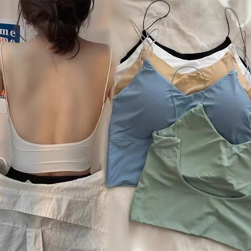 Sexy Women Crop Tops Ice Silk Summer Bra Sports Spaghetti Strap Vest Top Women Built In Bra Off Shoulder Sleeveless Camisole 250606