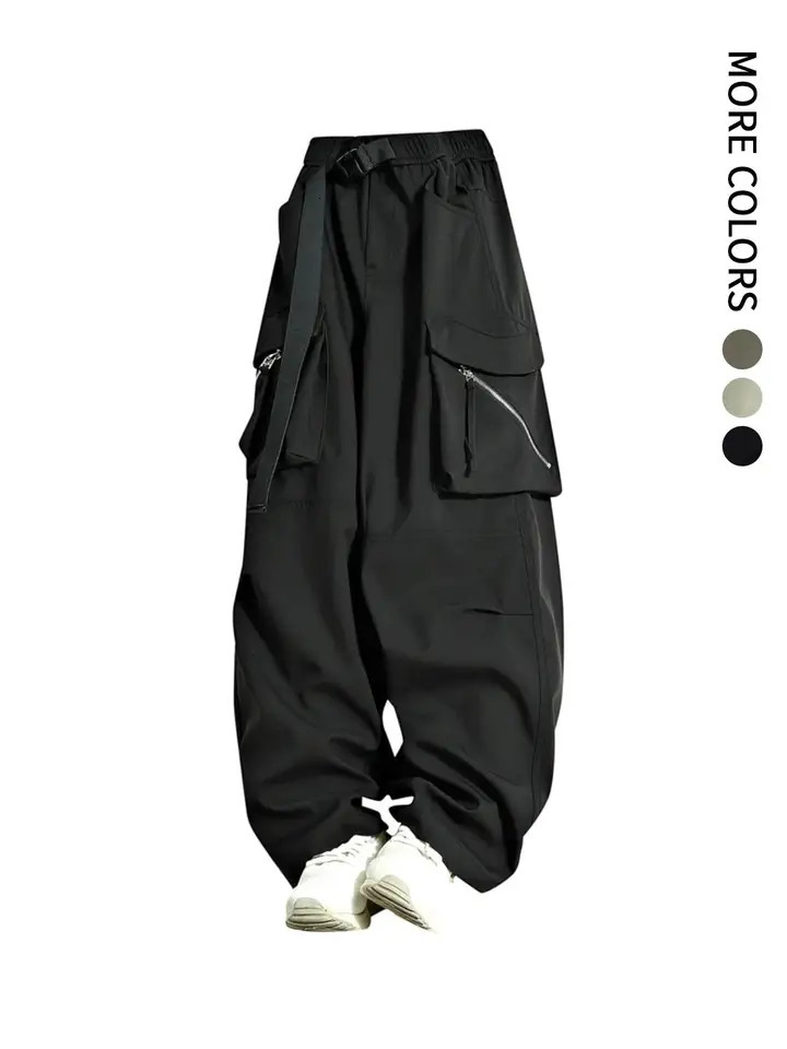 Mens Plain Regular Style Overalls with Drawstrings and Elastic Waistband Large Flap Pocket Pants Casual Pants Suitable for Summer Beach Vacation