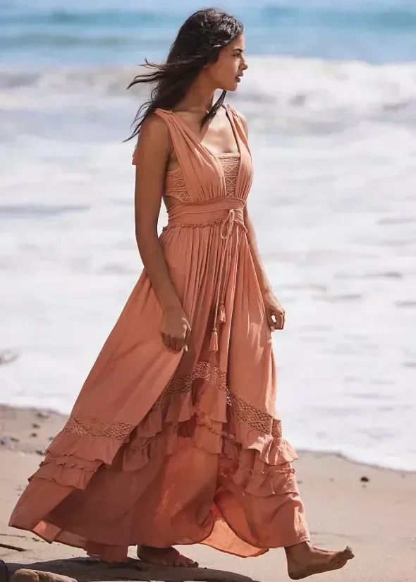 Canwedance Summer Beach Robe sans manches Cotton Robes maxi Boho Style Couleur solide en dentelle à volants Sundren Mujer Vestidos 250606