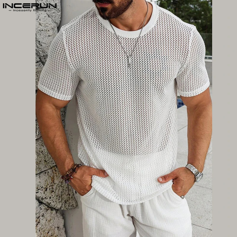 INCERUN Tops American Style Fashion Mens Mesh Hollow T-shirts Casual Summer Slightly Perspective O-neck Short Sleeved Camiseta 250606