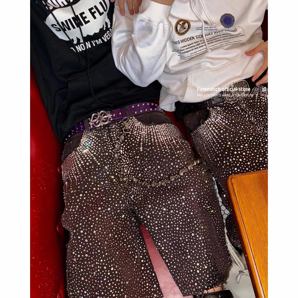 Firmranch Full Diamond Rhinestone Jorts Men Women Black Shining Crop Pants High Street Gradient Color Sparkle Denim Shorts 250605