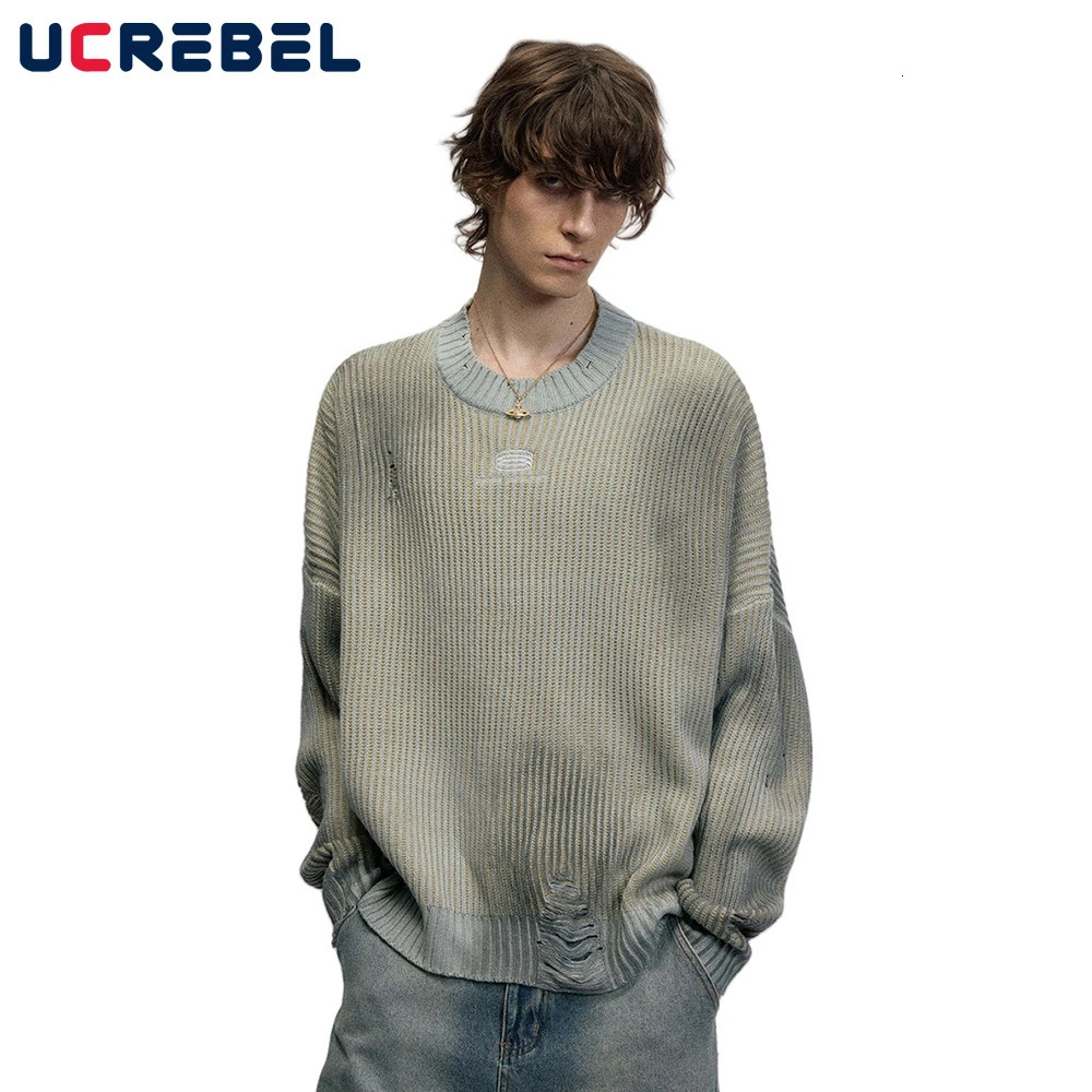 Embroidery Ripped Sweater Mens Spray Paint High Street Autumn Winter Loose Long Sleeve Knitted Crew Neck Pullover Men 250606