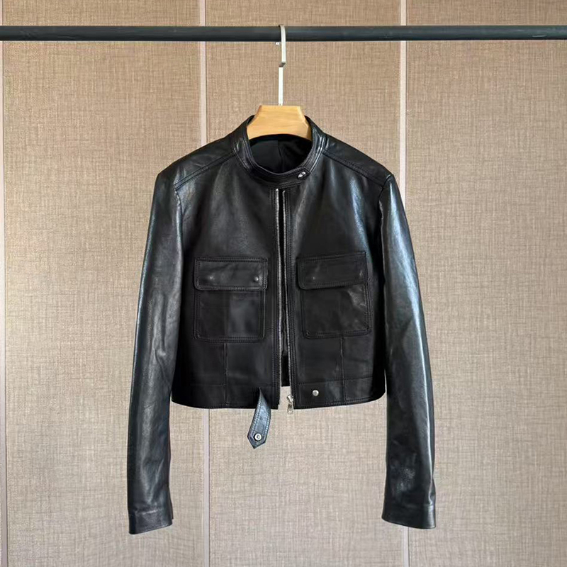 Veste en cuir bronzé et en cuir authentique pour les femmes, collier debout court, sa * n / dr mouton de mouton à huile mincerante veste de moto