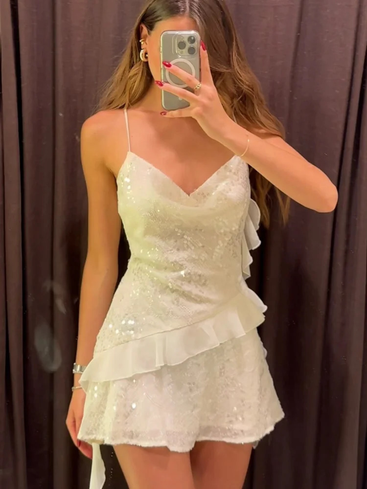 Elegant White Sequin Dresses Womens 2025 Halter Neck Backless Vestidos Layered Ruffle V-neck Sleeveless Summer Party Prom Dress 250606