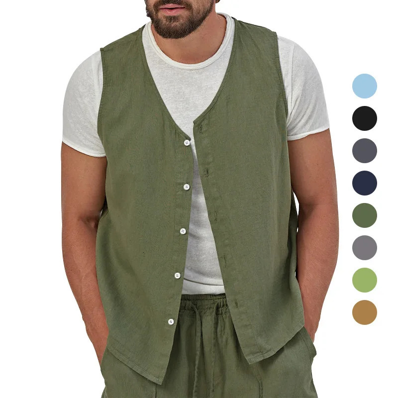 Mens Spring and Summer Thin Single Breasted Casual Solid Color Cotton Linen Youth Sleeveless Vest Coat 250606