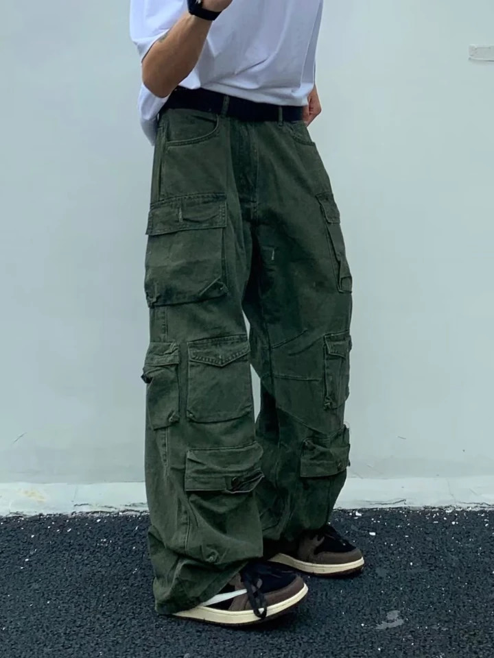 Pantalon de cargaison de printemps riz blanc multi-poches stoppue harajuku reste hommes pantalons décontractés lâches pantalons de nettoyage droi