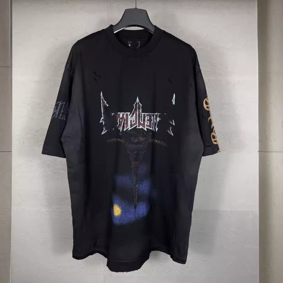 Men's T-Shirts Paris correct version inverted iron tower inkjet graffiti hand-painted loose sports versatile mens and womens short sleeved t-sh
