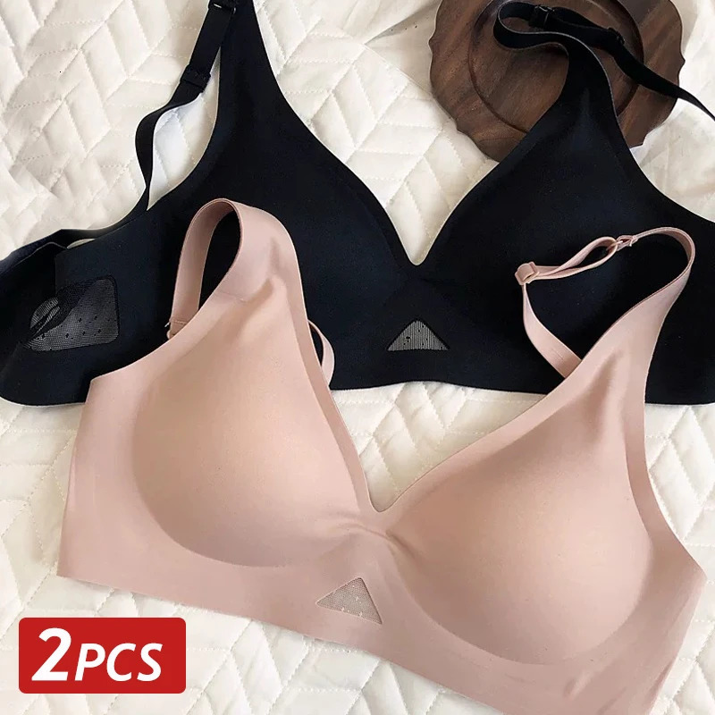 2PCS/Set Women Seamless Bras Ice Silk Breathable Brassiere No Steel Soft Underwear Padded Push Up Sexy Deep Neck Bralette Solid 250606