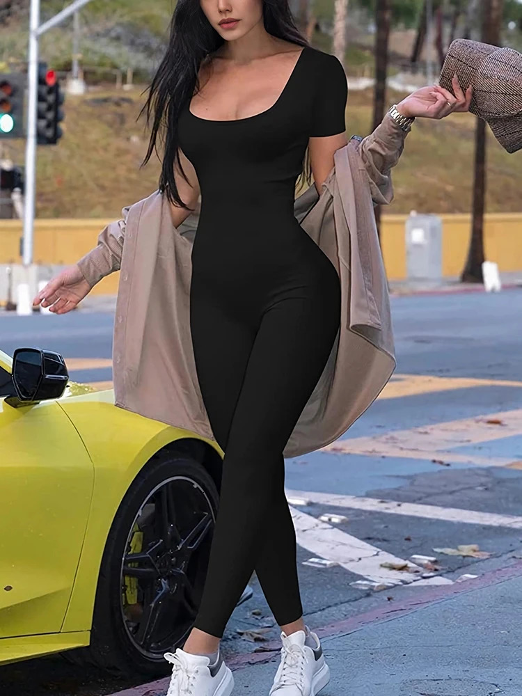 Womens Rompers Short Sleeve Solid Skinny Bodycon Jumpsuits Fashion Sports Fitness Casual Activity Streetwear Overalls 250603