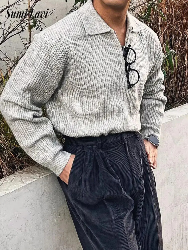 Streetwear Vintage Polo Collar Jumper Tops Men Spring Trendy Solid Color Zip-up Long Sleeve Knit Polo Shirt For Mens Sweaters 250606