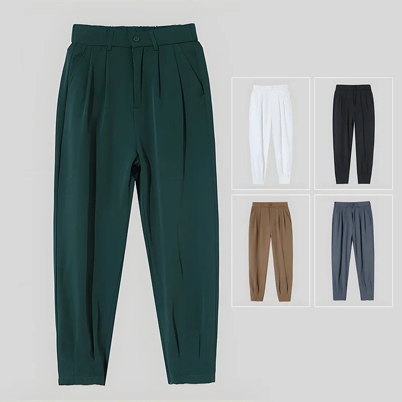 Summer Ice Silk Ultra-thin Mens Casual Suit Pants Fashion Zipper Beam Feet Street Harem Ankle Length Trousers Black White 250606