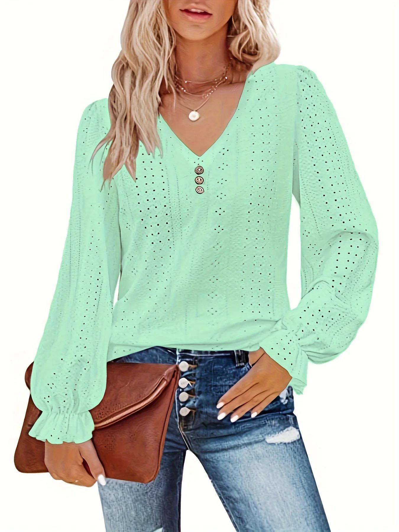 Plus Size Eyelet Button Decor TShirt Casual V Neck Long Sleeve Top For Spring Fall Womens Tops Clothing 250603