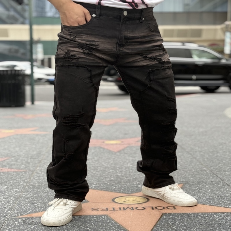 Y2K Fashionable Mens Jeans Mild Distressed And Textured Aging Effect Versatile Black Color Promotion 250529