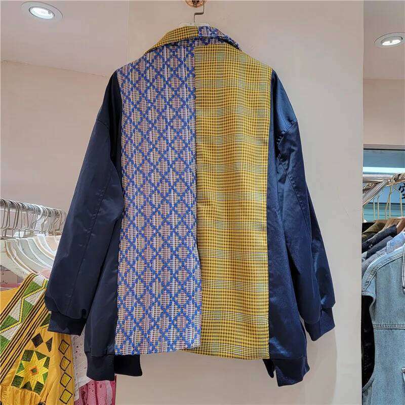 Ladies retro personalized ing contrasting color casual loose fake two single-breasted blazer