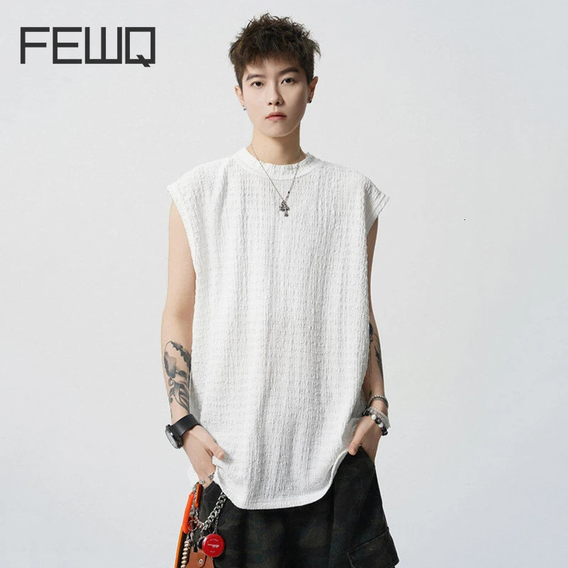 FEWQ Simple Mens Tank Tops Round Neck Solid Color Summer Casual Menswear Sleeveless Loose Male Vests Texture Tops 24K4284 250606