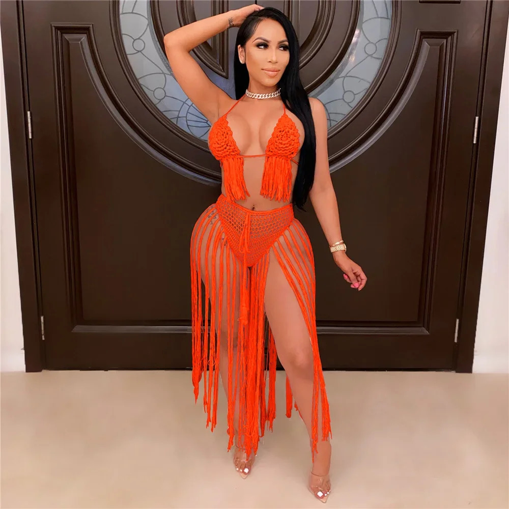 Sexy tricoté en deux pièces Swearwear Femmes Backless Crop Top et Tassel Long Jirt sets Summer Beach Vacation Party Club Club Offits 250606