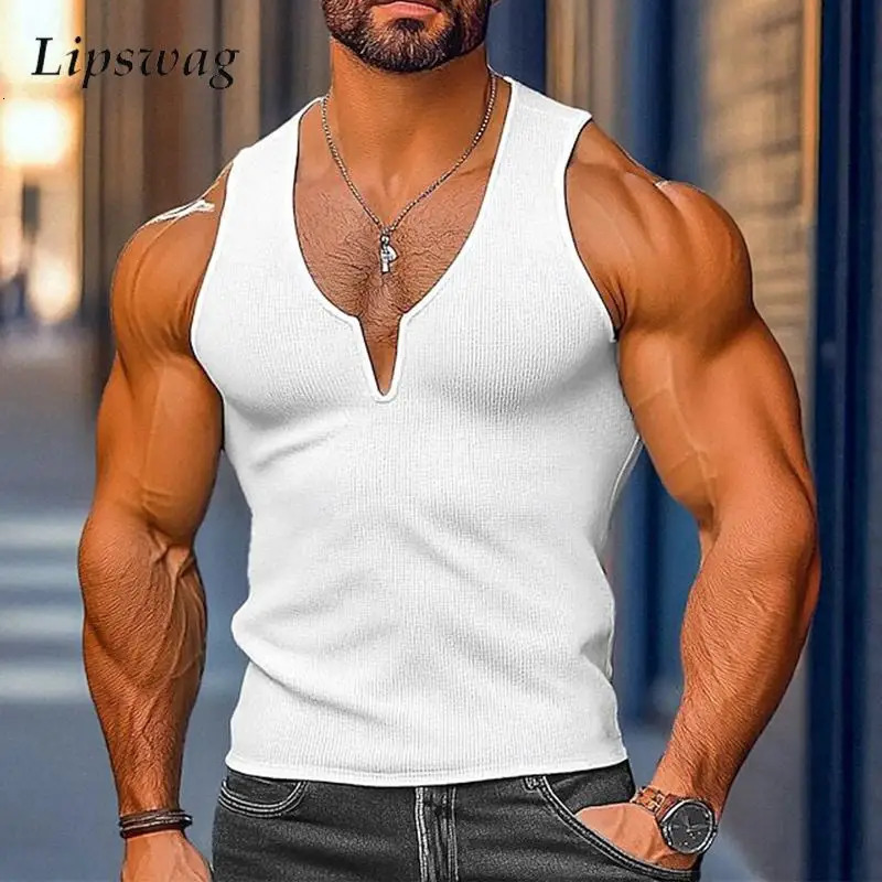 Fashionable Waffle Plaid Knitted Tank Tops Mens Sexy V Neck Sleeveless Solid Color Camisoles Men Summer Casual Elastic Slim Vest 250606