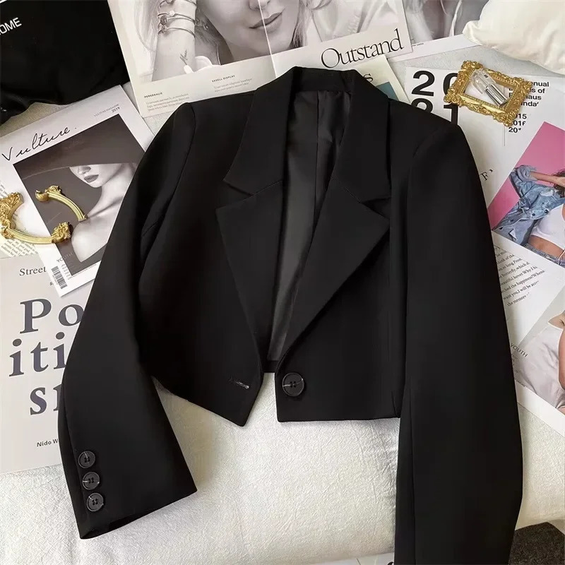 2025 Spring and Autumn Short Blazer for Women Clothing Versatile Single Button Solid Long Sleeve Small Suit Coat 250603
