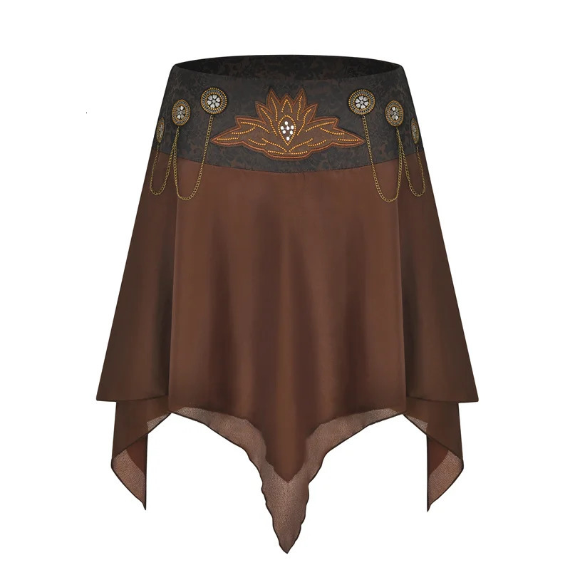 Womens Vintage Brown Steampunk Skirt Ladies Gothic Chains High Waist Printed Sexy Retro Asymmetrical Skirts Party Street Wear 250609