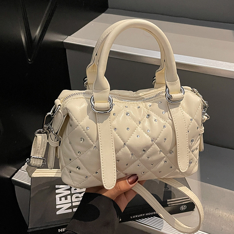 New Style Quilted Cylinder Diamond-Studded Trendy Boston Handbag 2025 New Vintage Versatile Shoulder Crossbody Women's Bag New Free Delivery