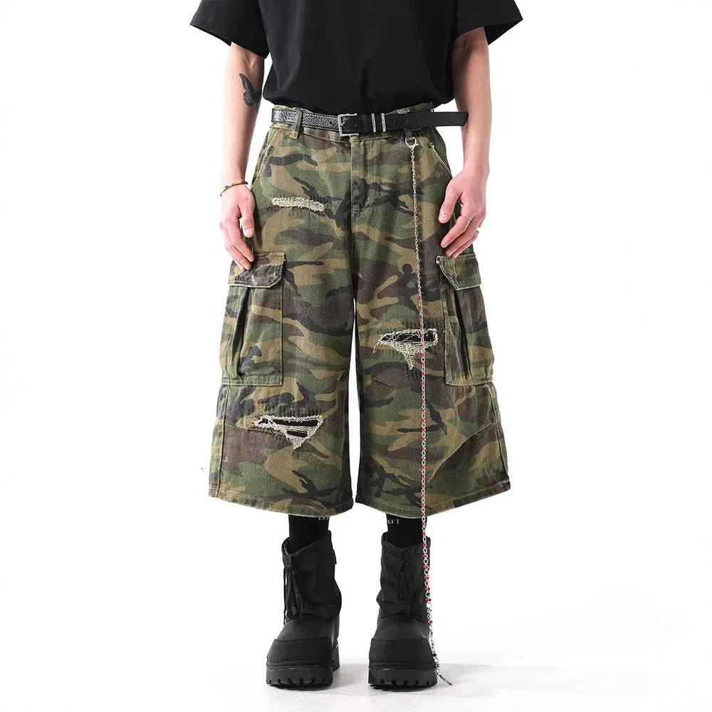 Firmranch American Vintage Ripped Camouflage Cropped Trousers For Men Women Summer Cargo Shorts Casual Pants Streetwear 250606