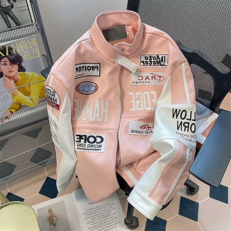 Motorcycle Leather Jacket Unisex High Street Hiphop Pink Bomber Jacket American Vibe Workwear Letter Baseball Uniform
