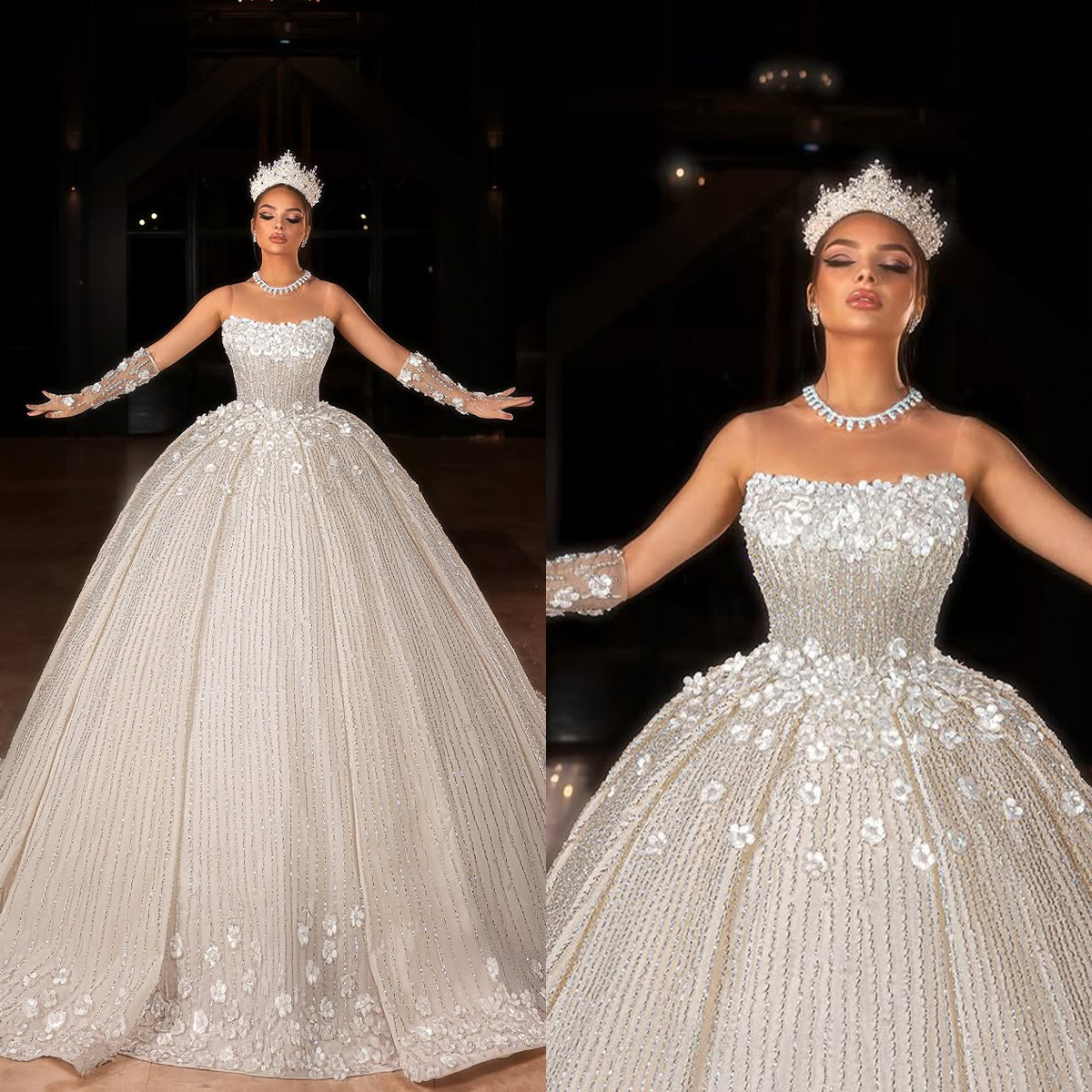 Fancy Wedding Dresses Appliques 3D Flowers Bridal Ball Gowns Sequins Strapless Sleeveless Customized Bride Vestidos De Novia Plus Size