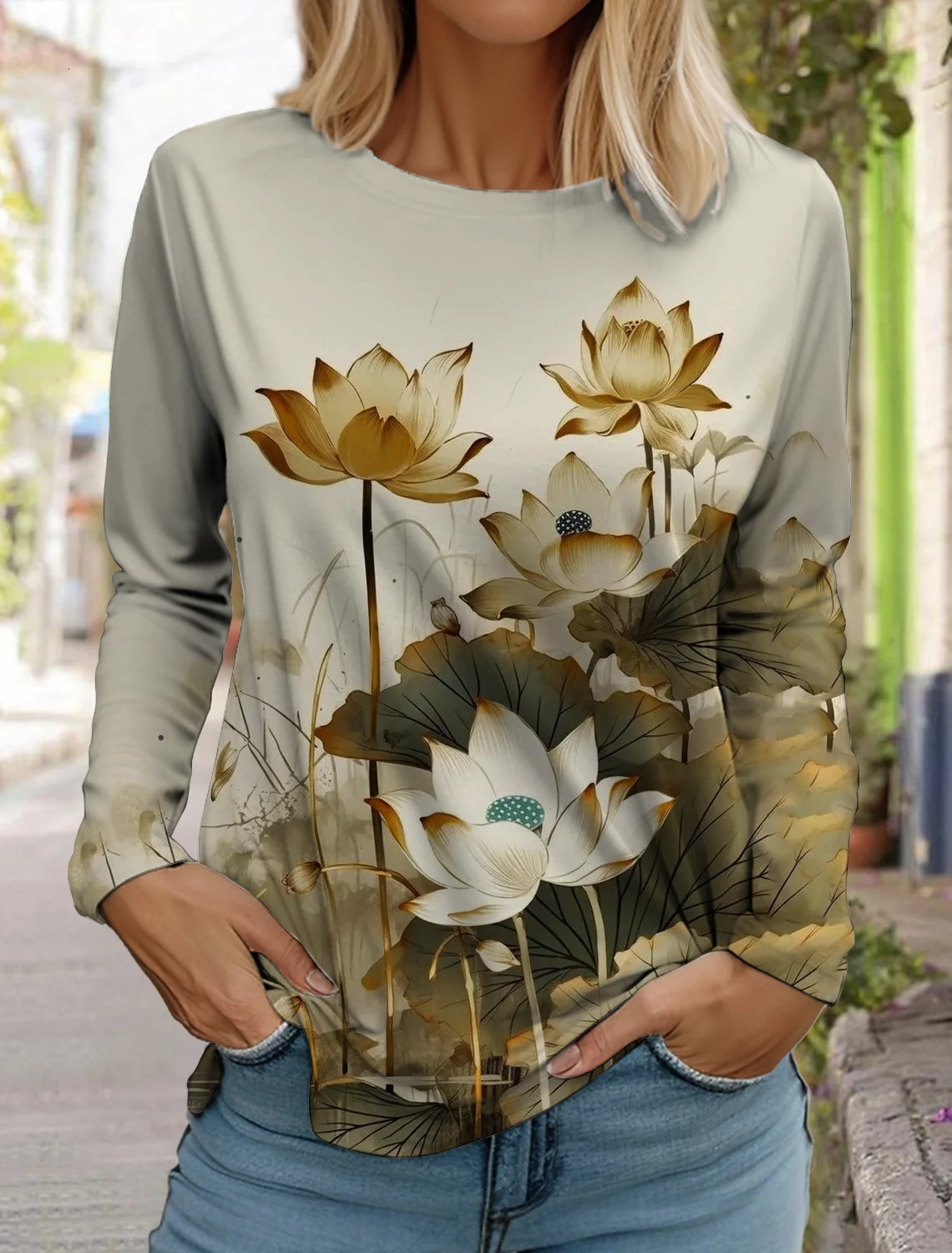 2024 womens fashion retro tops long sleeve round neck pullover casual tshirt 3d printed lotus print 250603