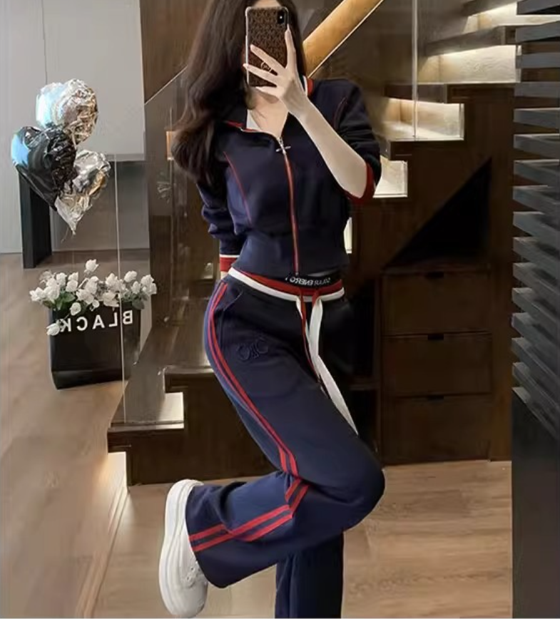 Womens Fashion Suit Retro American Style Outfits Sports Sweatshirt Set hooded Jackets Two Pieces Sets Casual High Waisted Slimming Straight Leg Pant