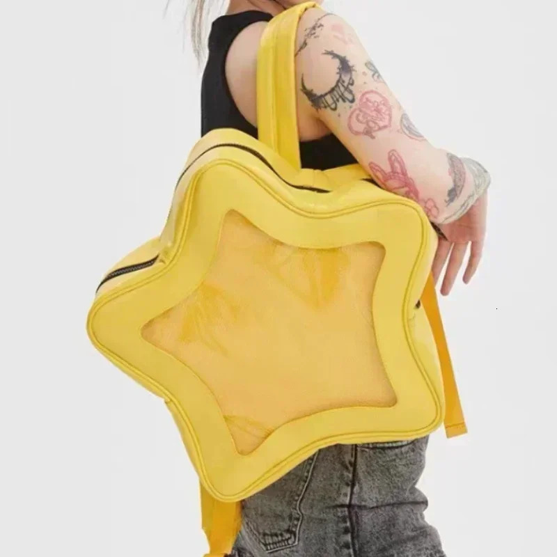 Yellow Star Backpack PU Leather Shoulder Bag Cute Teenage Girl Kawaii Women Schoolbag Knapsack Y2K Spicy Girl Travel Backpack 250609