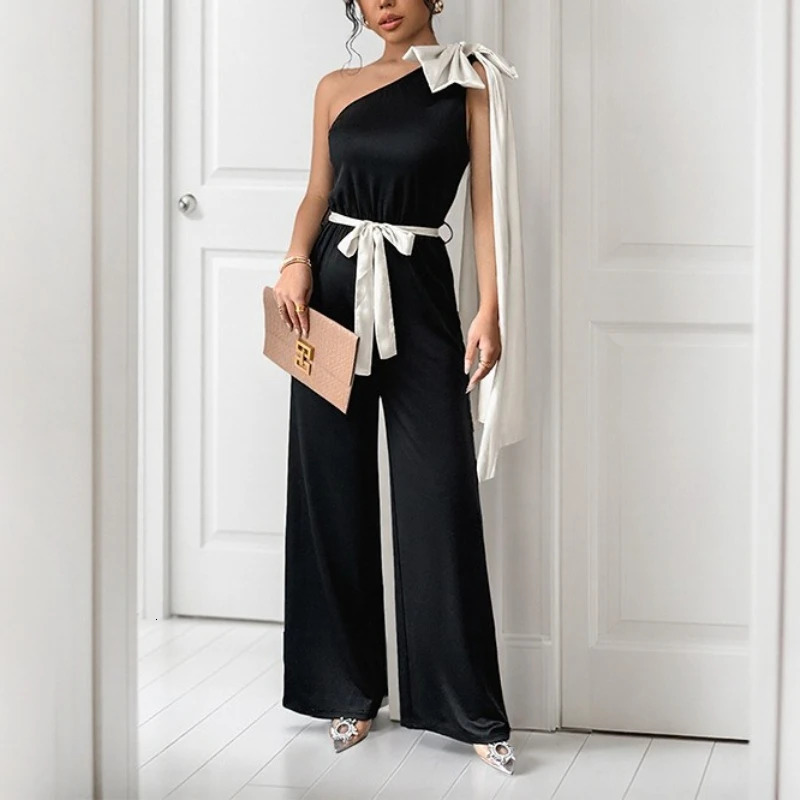 Summer Black and White Contrast Bow Single Shoulder High Waist Straight Womens One-piece Trousers 250606